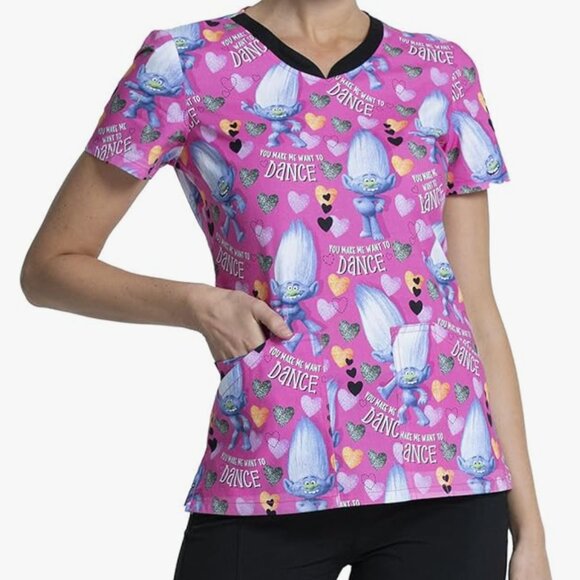 Tooniforms Trolls Diamond Dance 3-Pocket V-Neck Print Scrub Top Medium TF646 - Picture 1 of 4